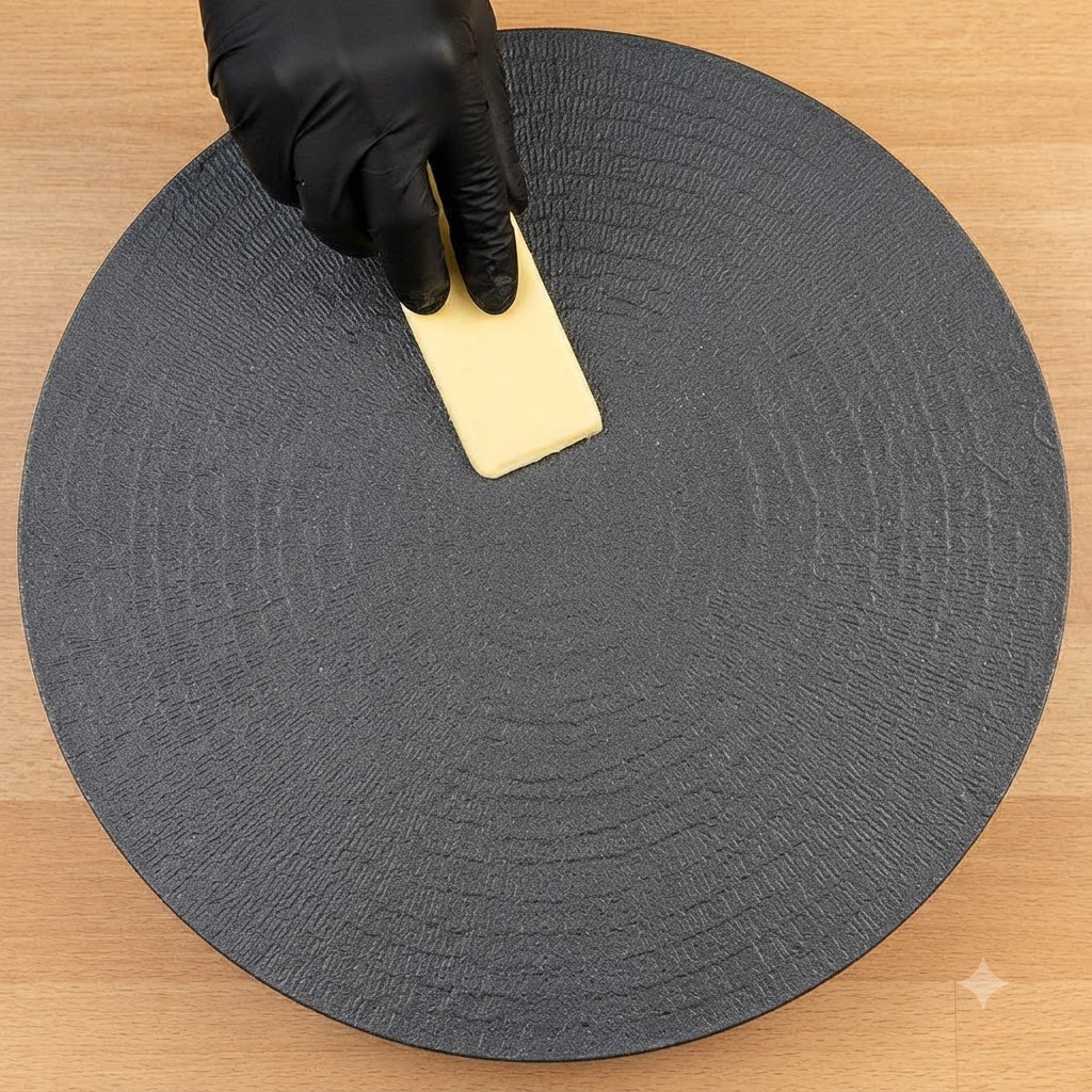 Une personne avec des gants noirs étalant du beurre sur une plancha noire ronde à laide dune raclette.