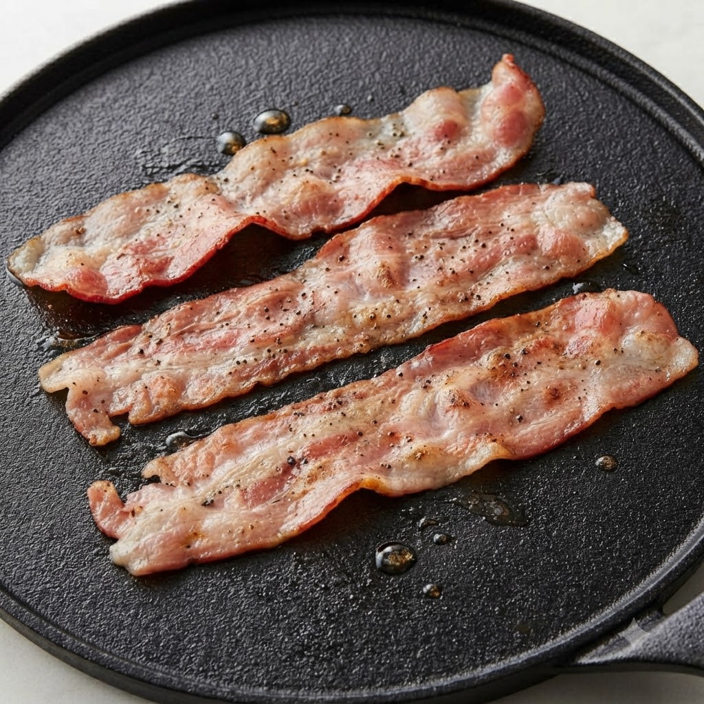 Trois tranches de bacon cru assaisonnées de poivre noir grésillant sur une plancha plate en fonte noire.
