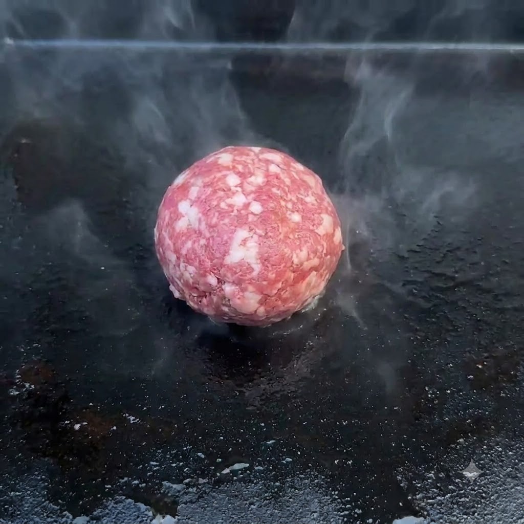 Une boule de bœuf haché cru reposant sur une plancha noire très chaude entourée de fines fumées de vapeur.
