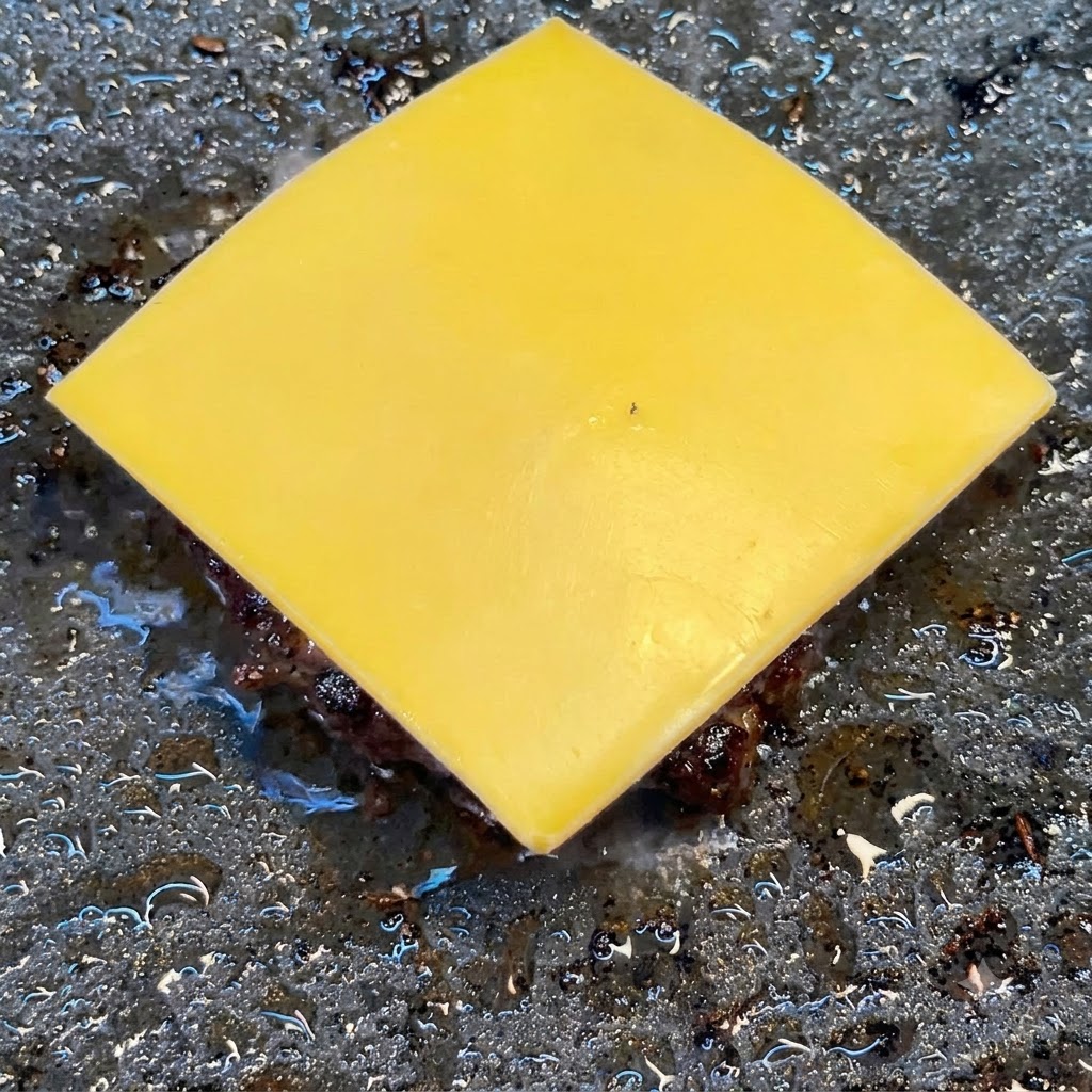Une tranche carrée de fromage jaune américain centrée sur un steak de bœuf grésillant sur une plancha sombre.