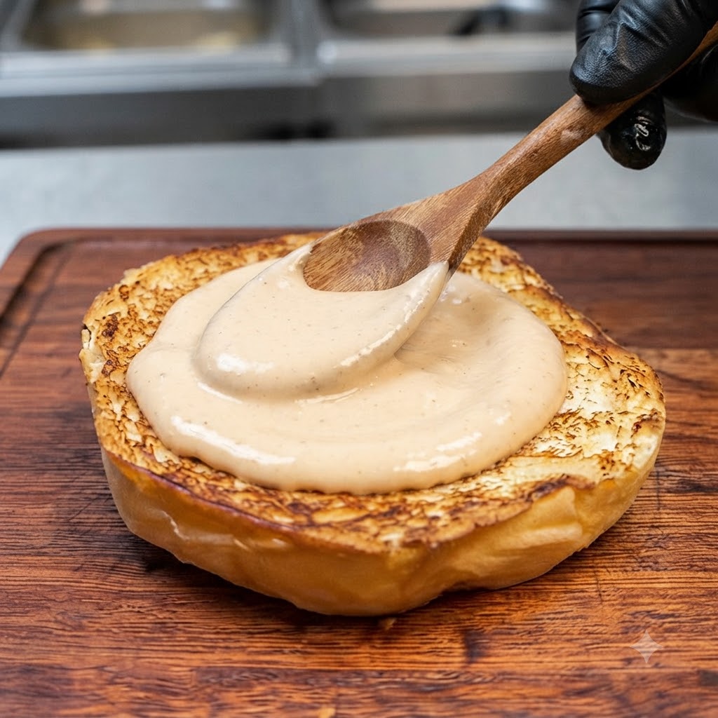 Une cuillère en bois étalant de la sauce sur un pain à burger toasté posé sur une planche en bois.