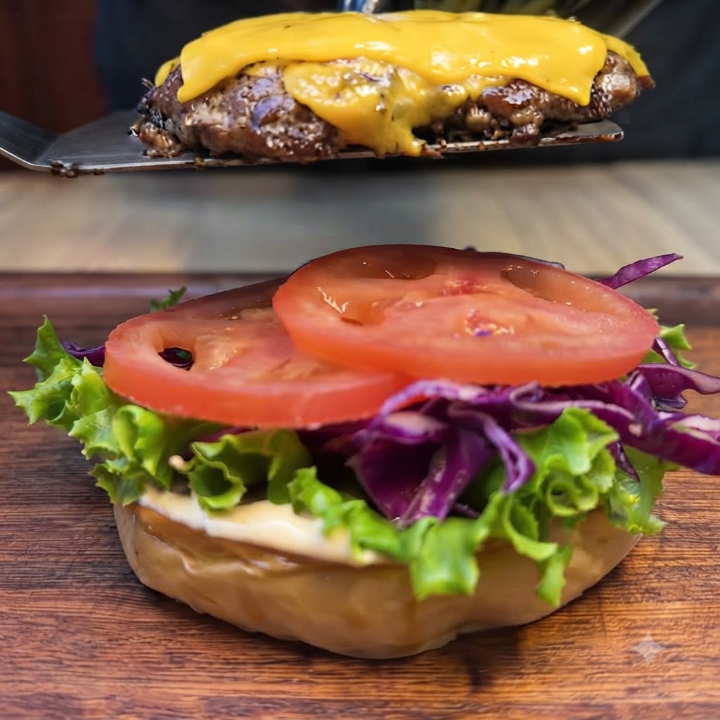 Une spatule déposant un steak de bœuf au fromage fondu sur une base de burger préparée.