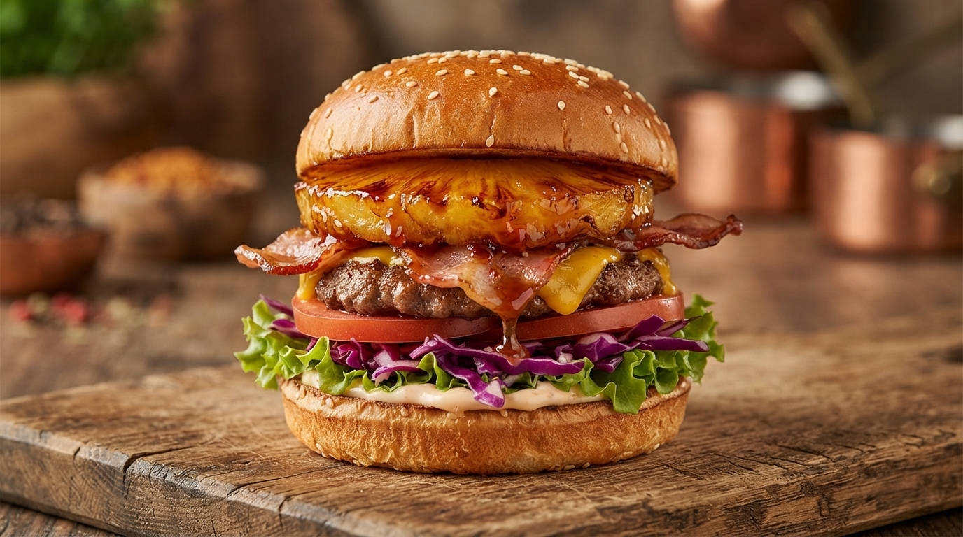 Burger Gourmet au Ananas Caramélisé et Bœuf