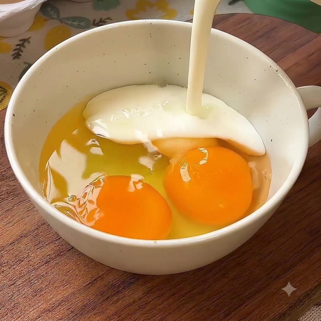 Du lait coulant dans un bol contenant des œufs cassés.