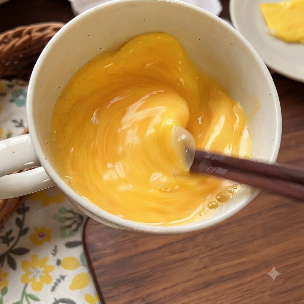 Des baguettes fouettant des œufs et du lait dans un bol.