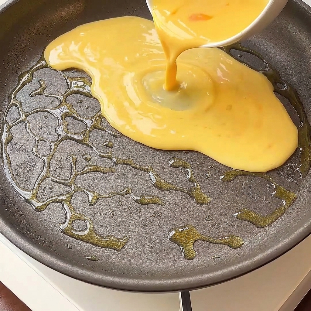 Liquide dœufs versé dans une poêle antiadhésive huilée.