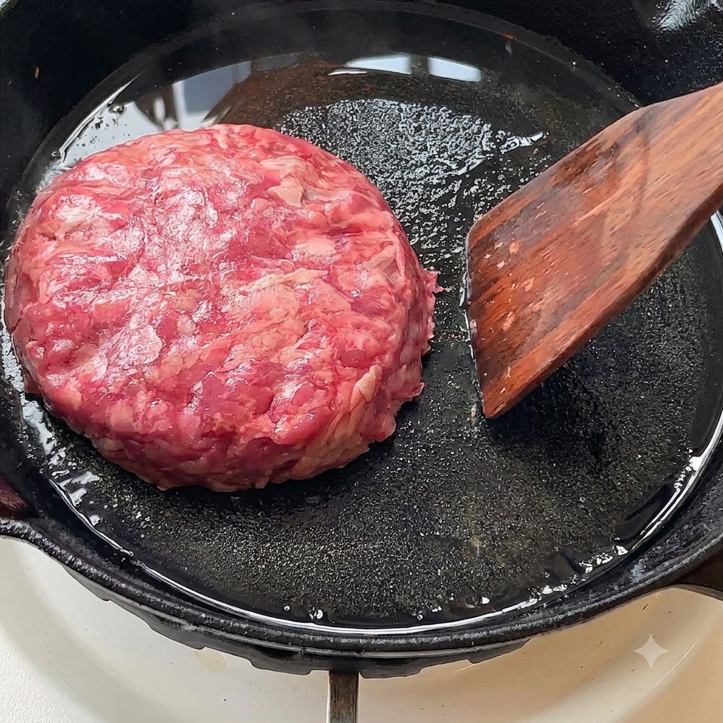 Un steak haché de bœuf cru cuisant dans une poêle huilée.