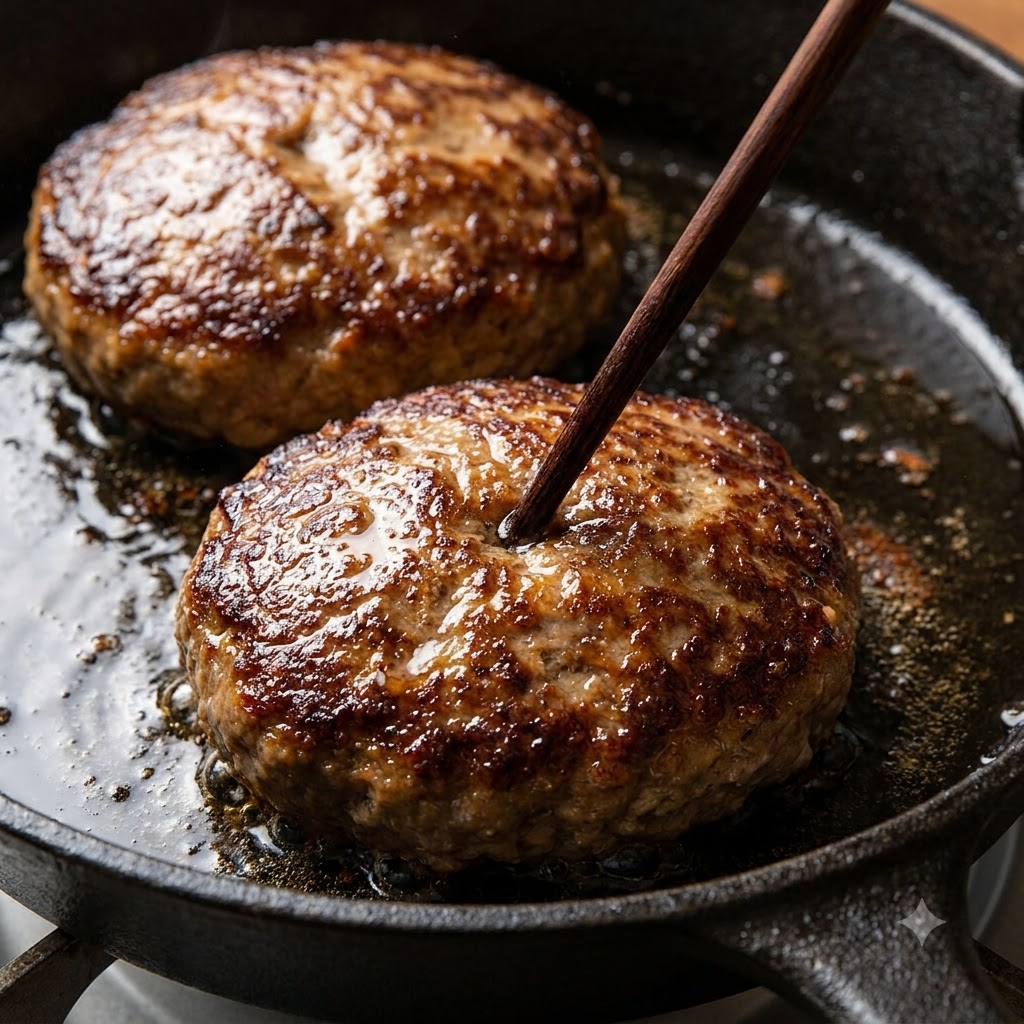Gros plan dune baguette en bois piquée dans un steak haché en train de brunir dans une poêle en fonte.