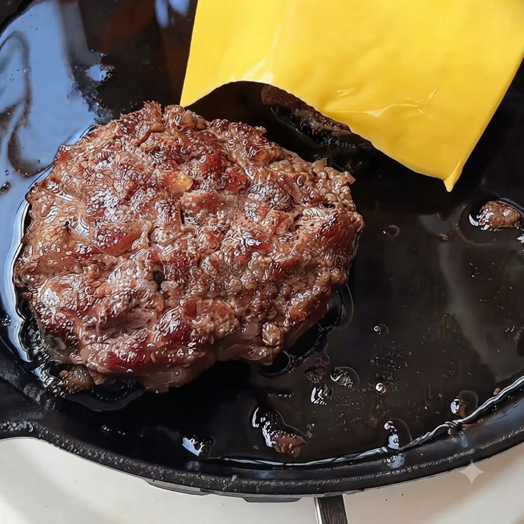 Deux tranches de fromage jaune en train de fondre sur un steak haché cuit dans une poêle chaude.