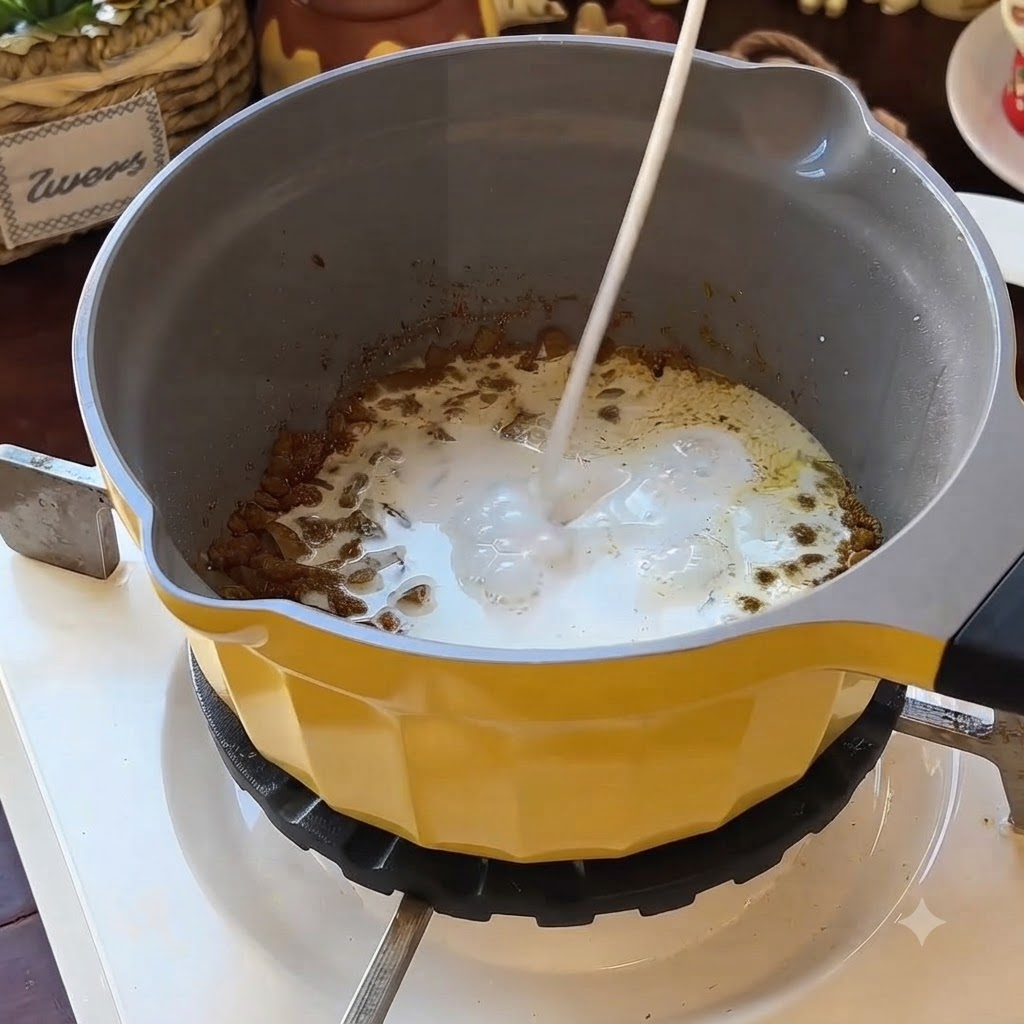 Lait de coco versé depuis un bec verseur dans une casserole jaune contenant le mélange doignons épicés.