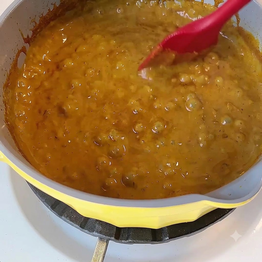Sauce au curry jaune épaisse mijotant dans une casserole jaune tout en étant remuée avec une spatule en silicone rouge.