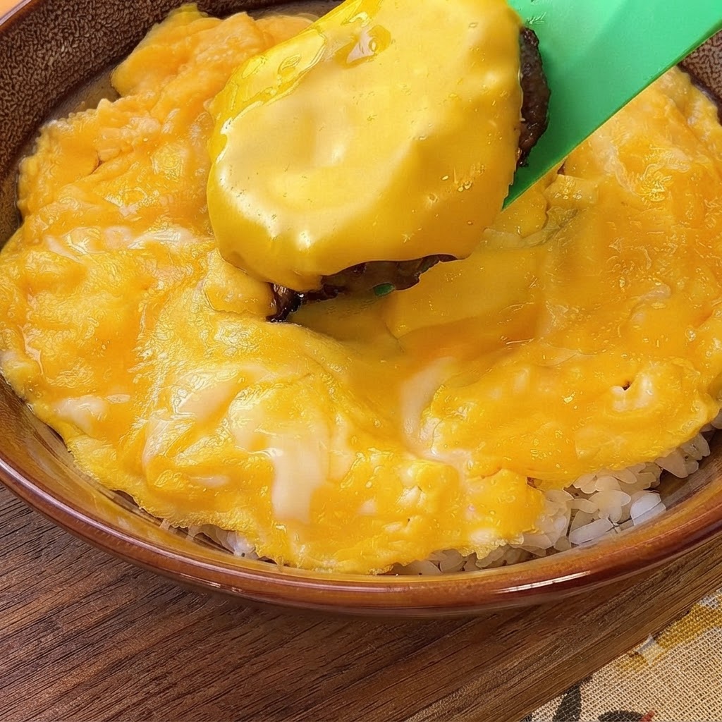Un steak haché au fromage soulevé à laide dune spatule verte et placé sur un lit dœufs brouillés et de riz.