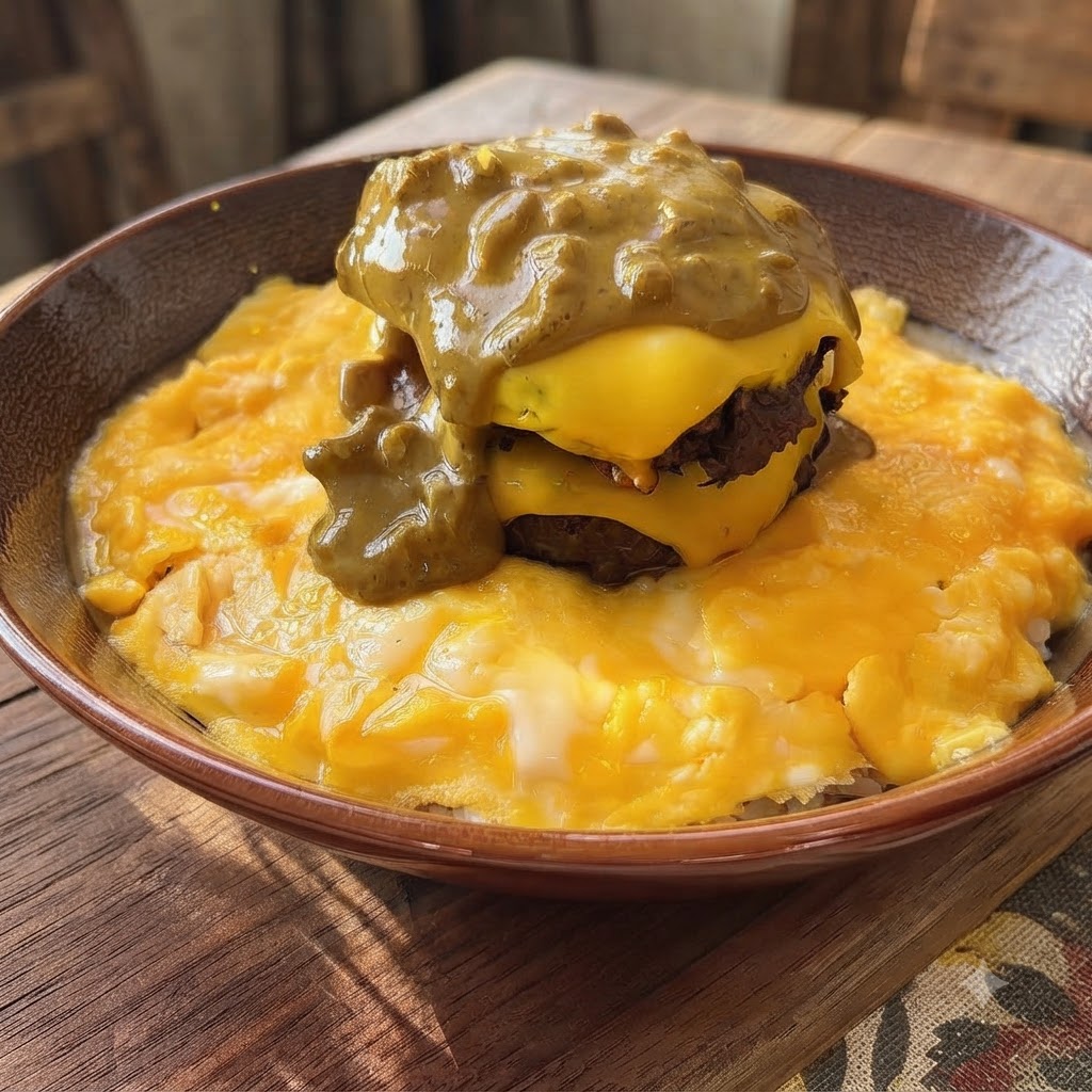 Épaisse sauce au curry de coco versée sur des steaks hachés au fromage empilés, des œufs et du riz dans un bol.