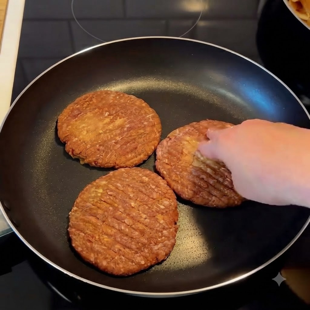 Gros plan dune main assaisonnant trois steaks hachés dans une poêle chaude.