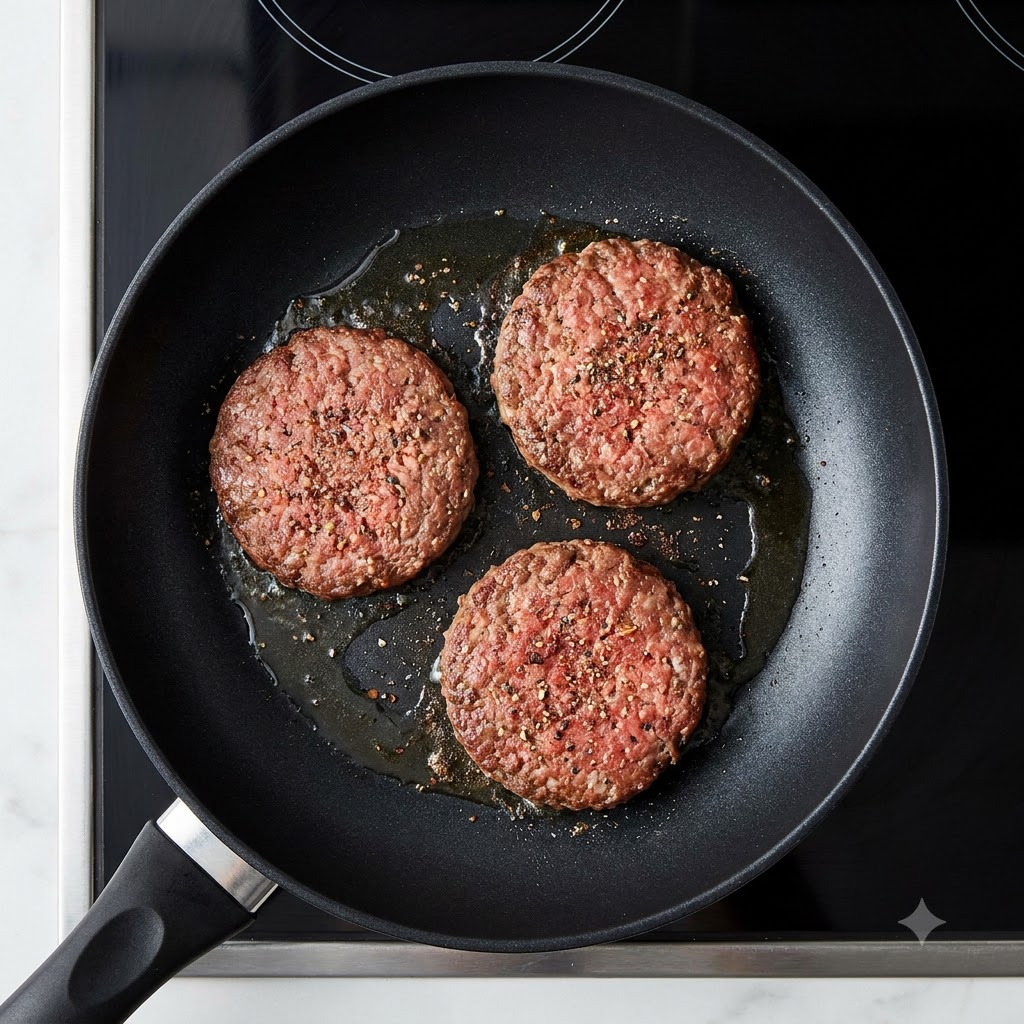 Un steak haché en train dêtre retourné dans une poêle à laide dune spatule noire.