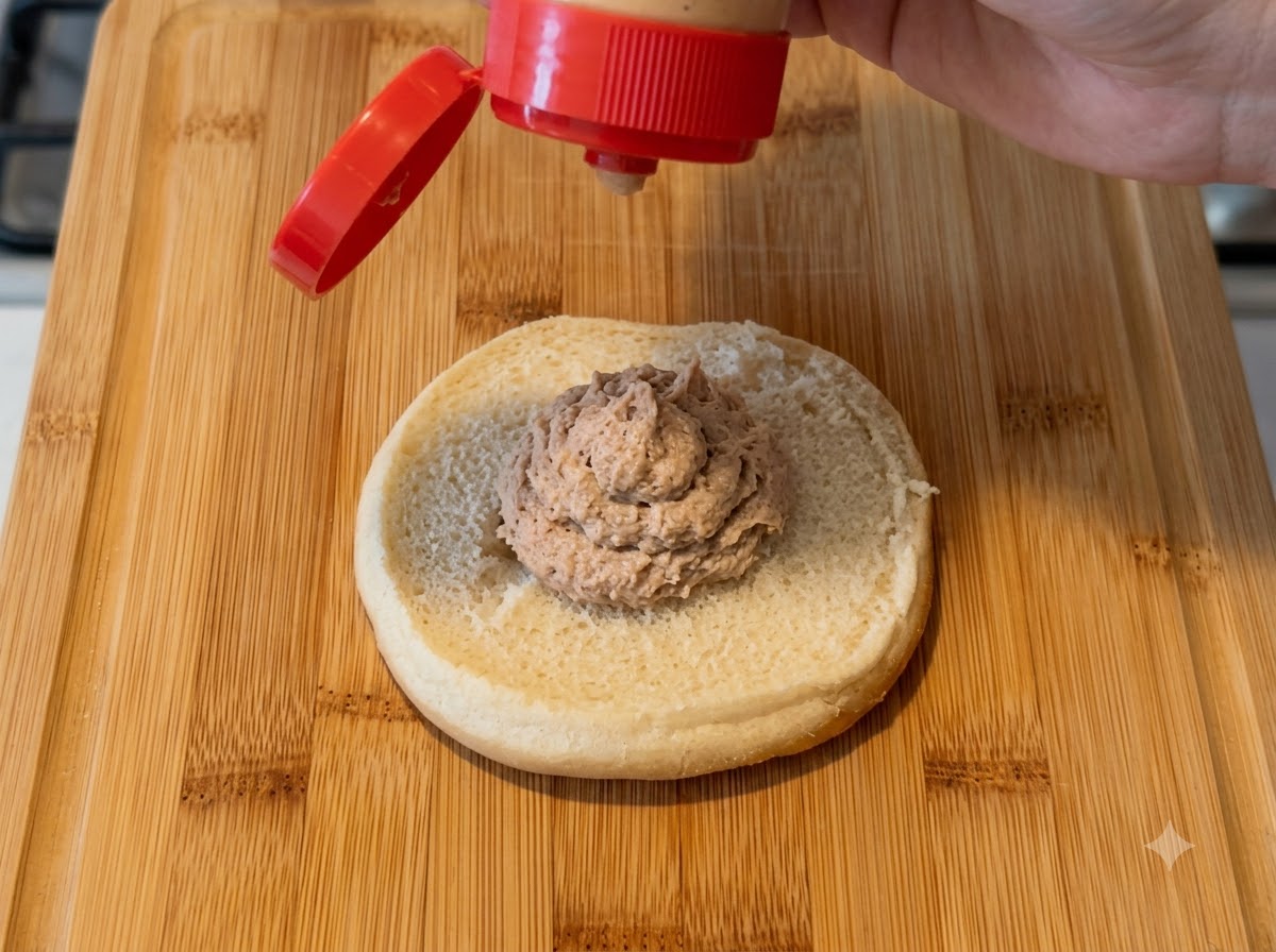 Un flacon souple appliquant de la sauce au centre dun pain à burger coupé en deux.