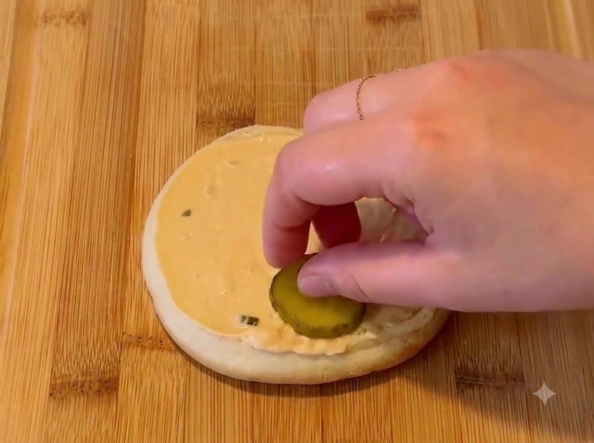 Une main plaçant une tranche de cornichon sur un pain à burger recouvert de sauce.
