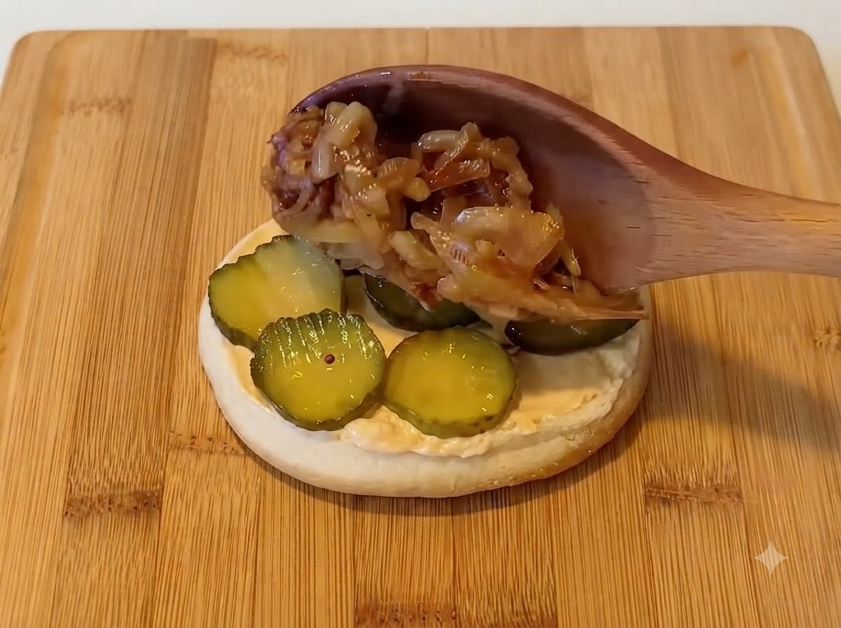 Une cuillère en bois déposant des oignons caramélisés sur les cornichons dun pain à burger.