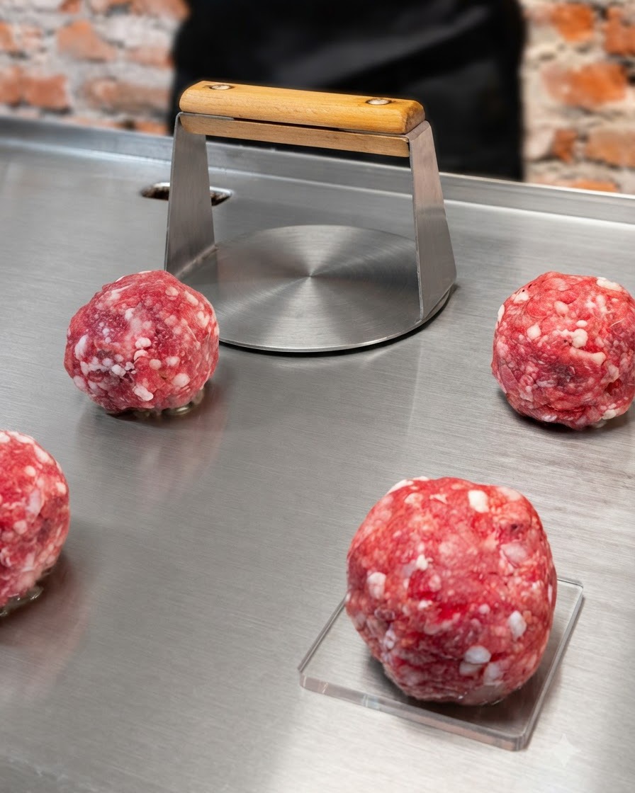 Un outil de presse en métal aplatissant une boule de bœuf haché sur une plancha en acier inoxydable chaude.