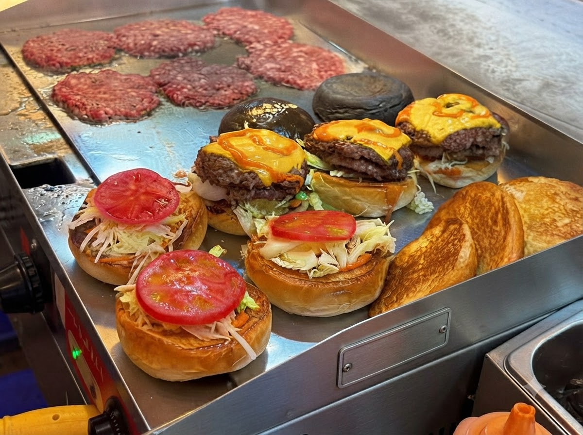 Saisir des steaks de burger avec du fromage fondu à côté de pains à hamburger préparés, de laitue et de tomates tranchées.