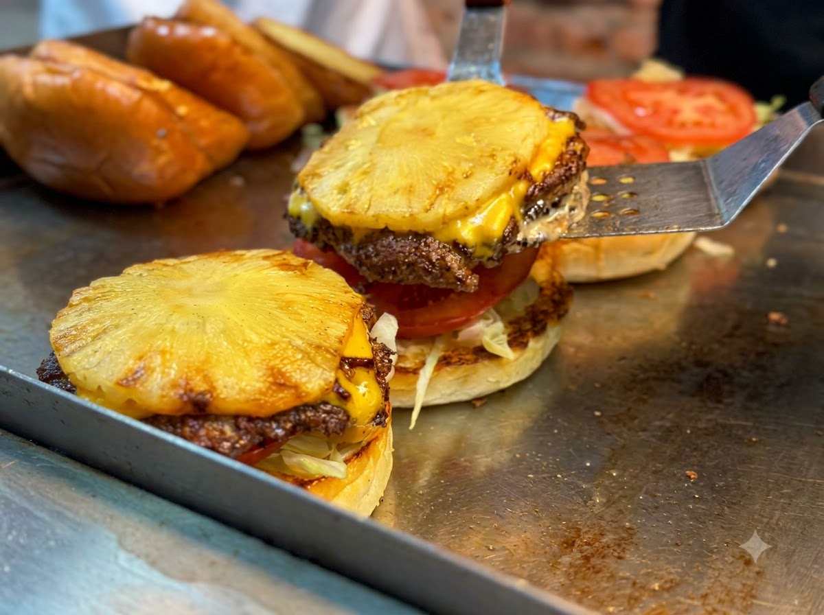Une spatule en métal transférant un steak de burger grillé avec du fromage fondu et une tranche dananas sur une base de pain.