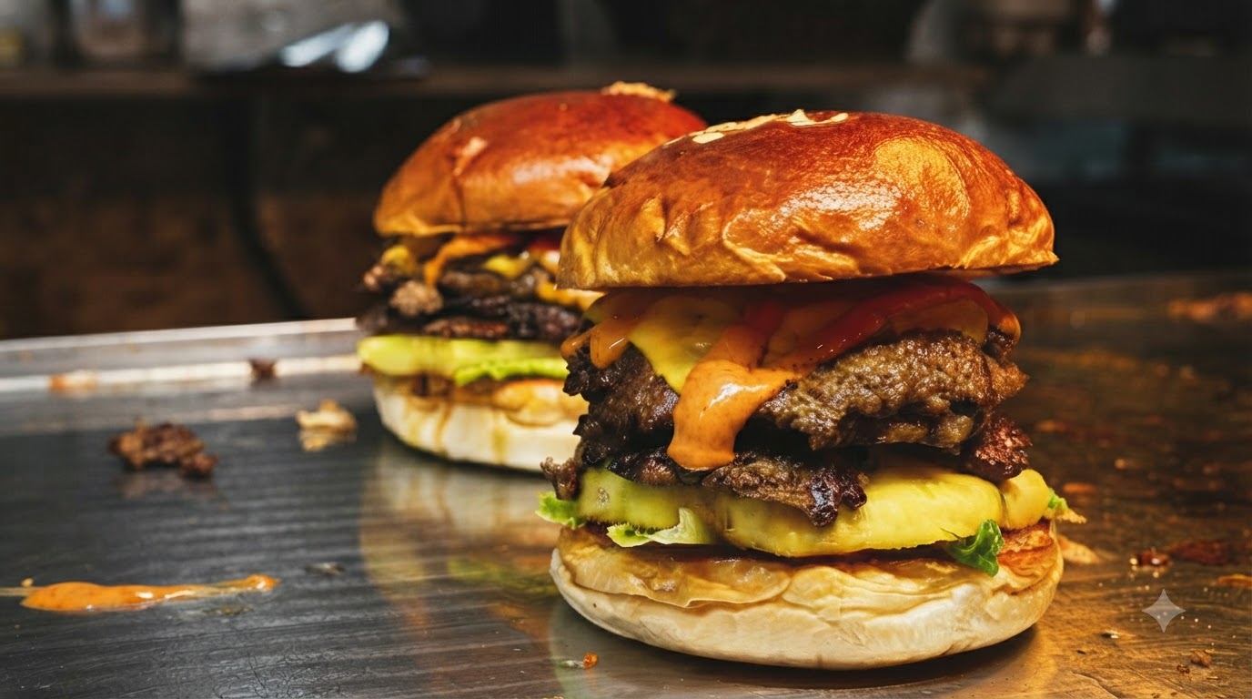 Deux smash burgers américains fraîchement préparés avec double steak haché, fromage fondu et ananas grillé sur pains briochés toastés