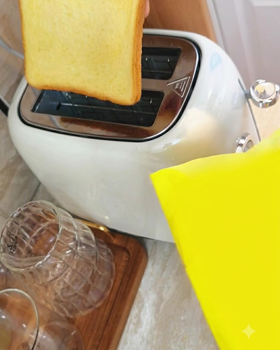 Deux tranches de pain de maïs à faible teneur en sucre insérées dans les fentes dun grille-pain blanc.