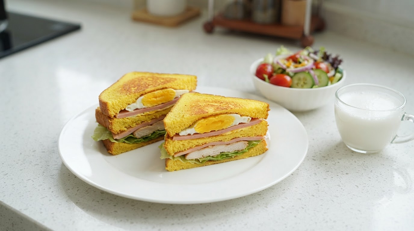 Un sandwich coupé au poulet au poivre noir et au jambon servi avec une salade de légumes frais et du lait chaud.