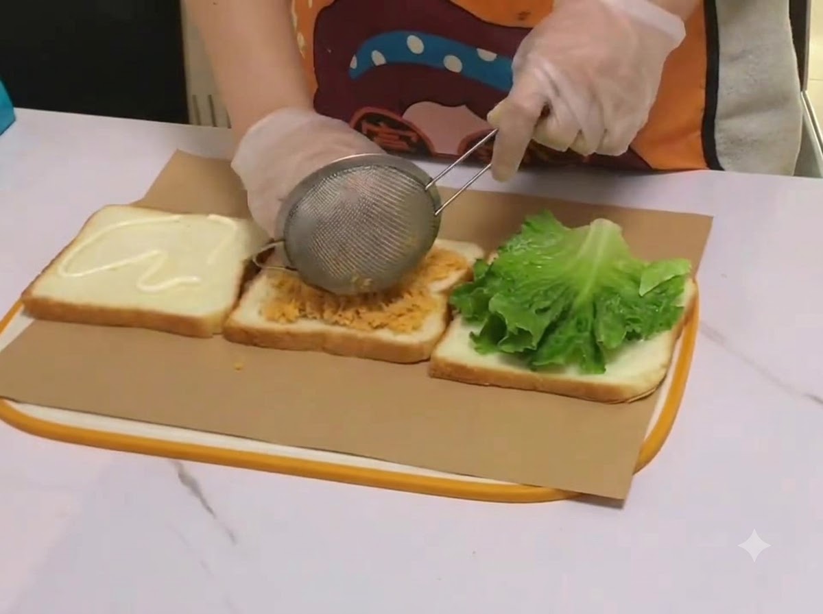 Du maïs tamisé à travers une petite passoire métallique sur la couche de porc effiloché du sandwich.