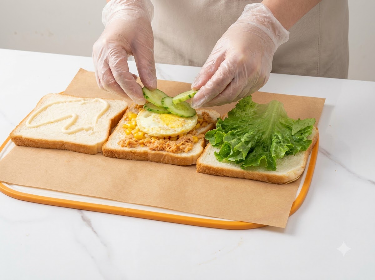 Des tranches de concombre fines et un œuf au plat disposés sur la garniture de maïs et de viande effilochée.