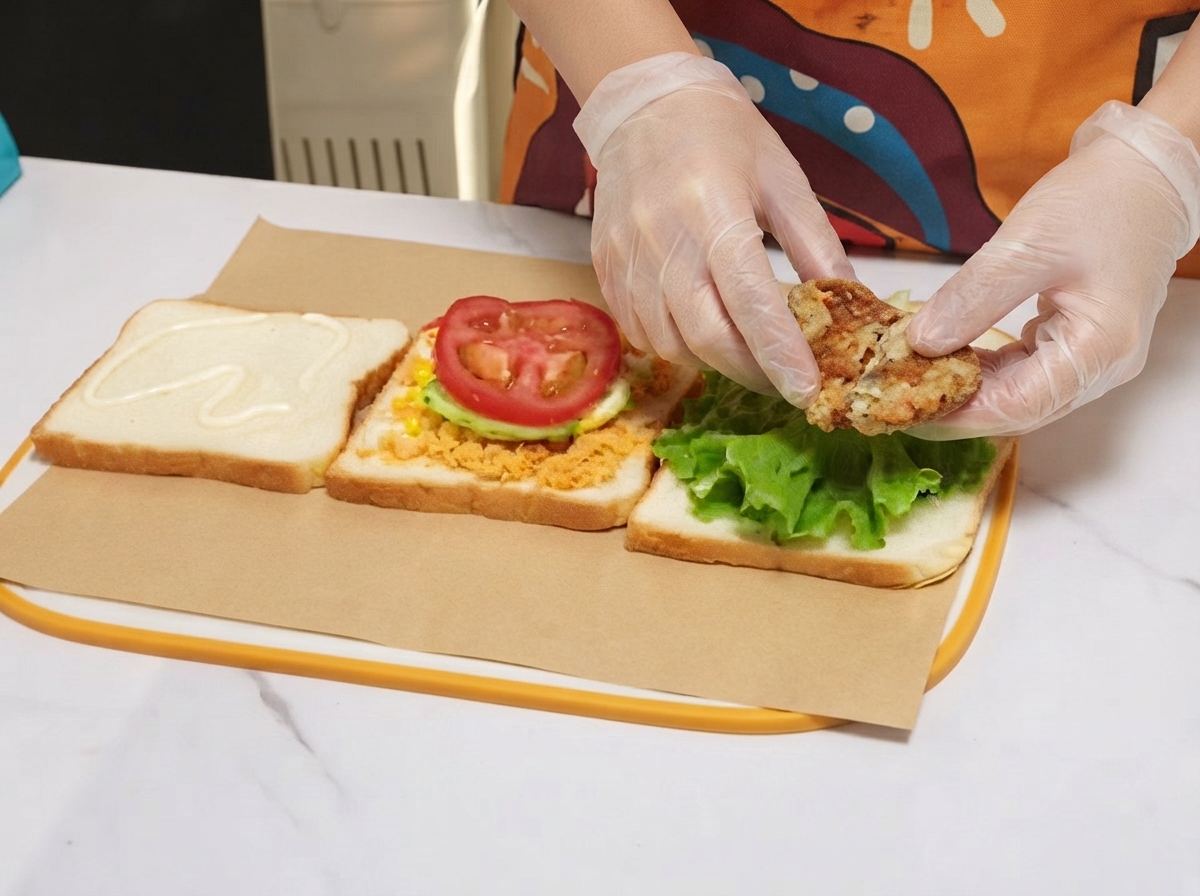 Une côte de poulet assaisonnée et cuite positionnée par-dessus la laitue verte sur une tranche de pain de sandwich.