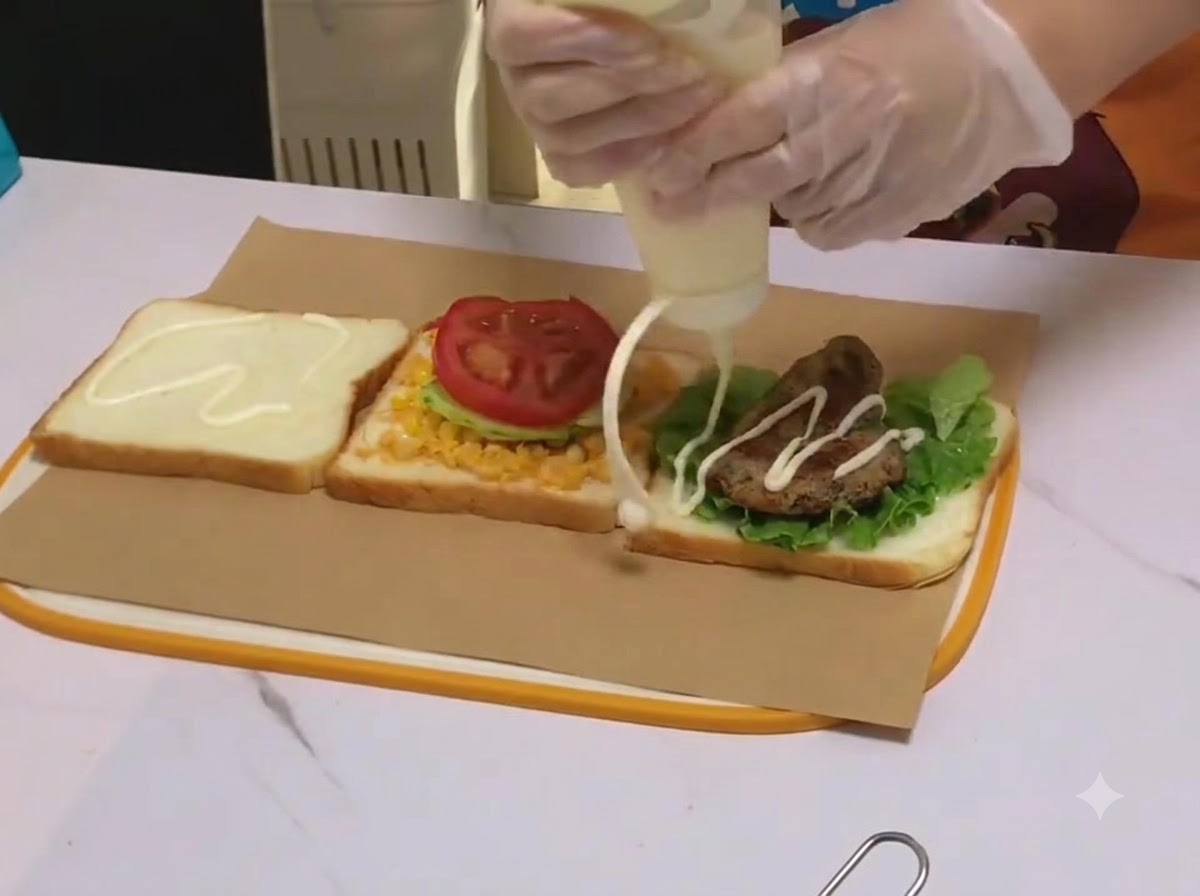 De la crème à salade blanche versée en filet à partir dune bouteille souple sur une côte de poulet placée sur le pain.