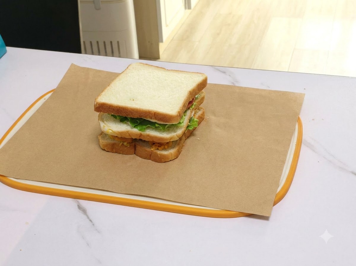 Le sandwich empilé centré sur une feuille de papier sulfurisé marron prêt à être plié.