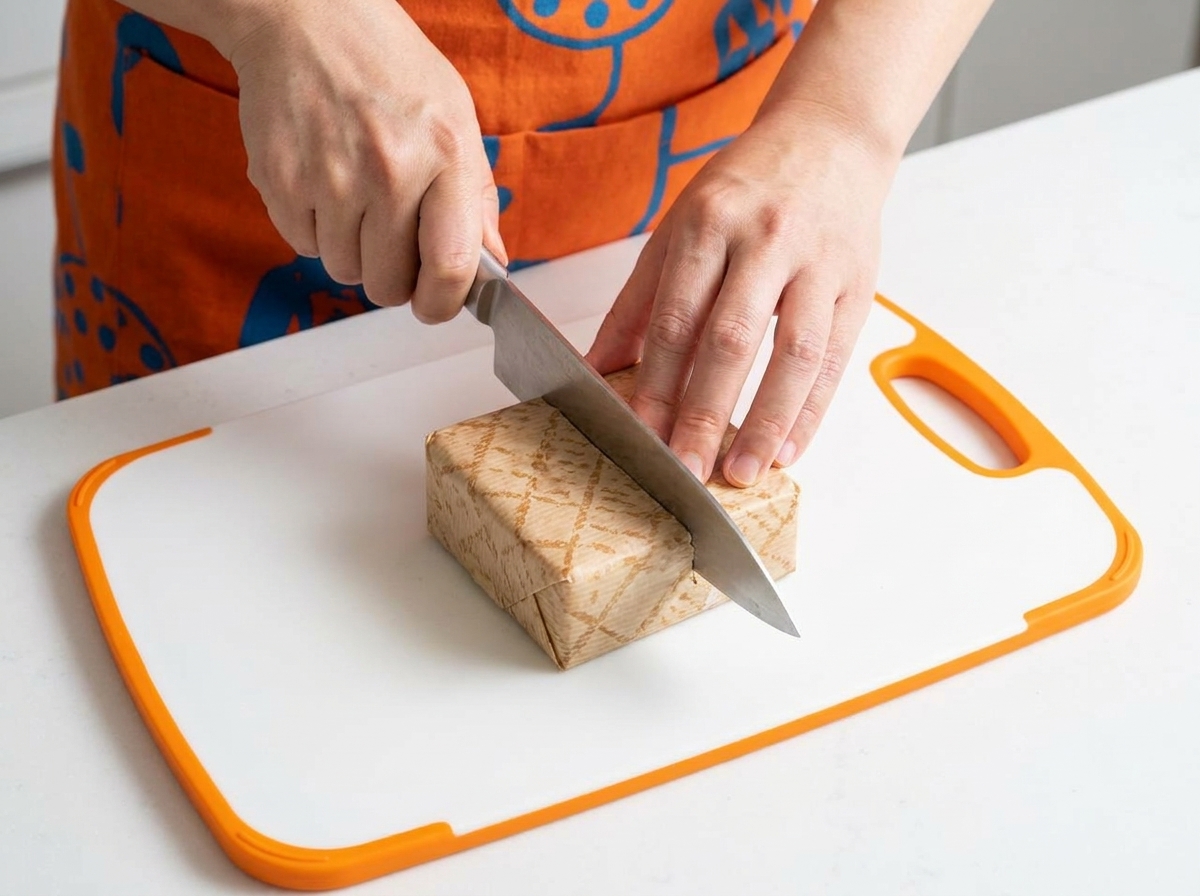 Un couteau bien aiguisé coupant à travers le centre du sandwich enveloppé de papier marron sur une planche à découper blanche.