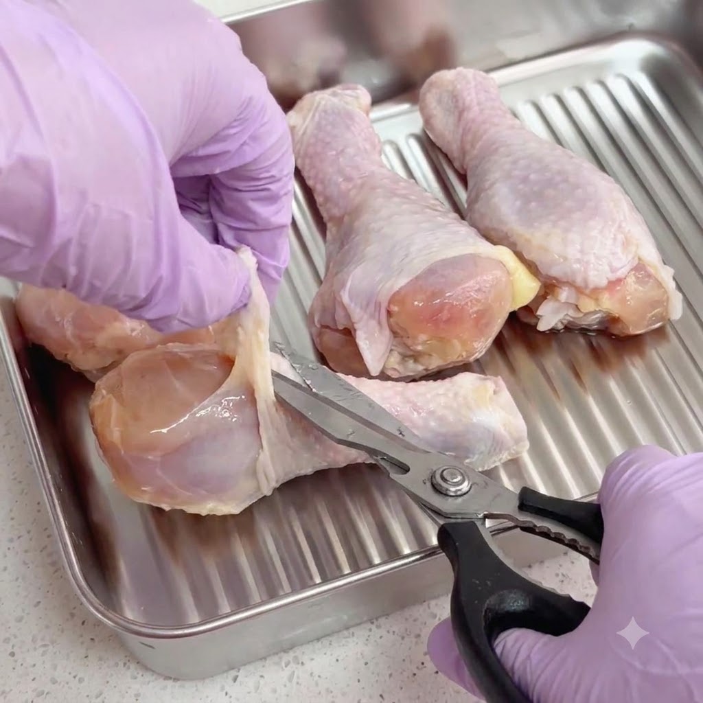 Une paire de ciseaux de cuisine coupant la graisse de cuisses de poulet crues reposant dans un plateau en acier inoxydable.