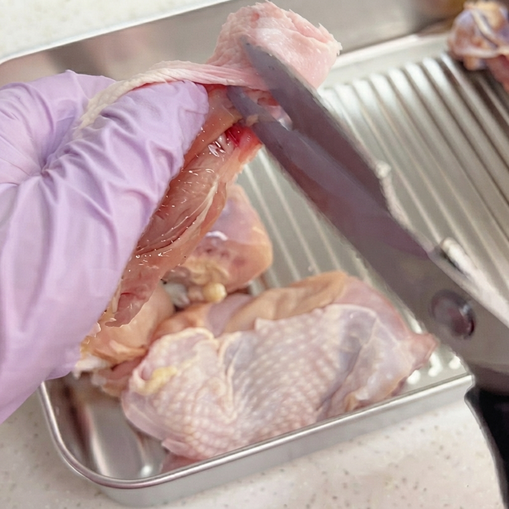Des ciseaux de cuisine coupant les tendons et la structure osseuse dune cuisse de poulet pour en retirer la chair.