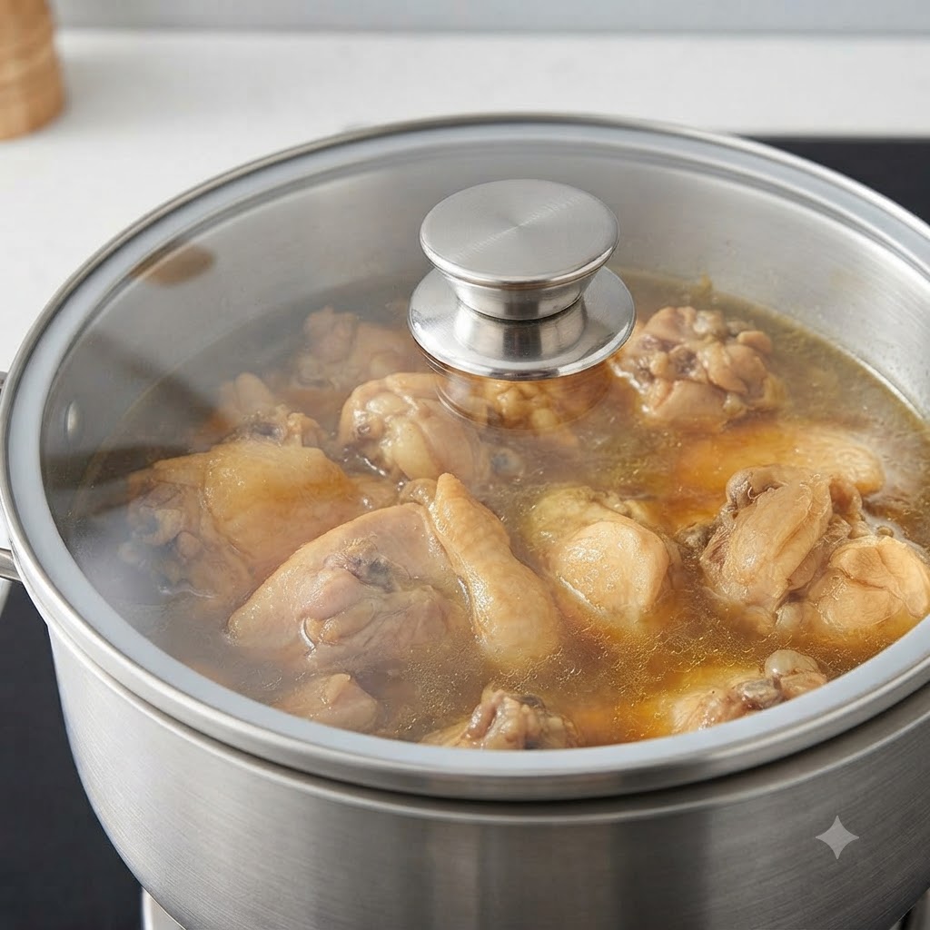 Une casserole en acier inoxydable avec un couvercle en verre couvrant des hauts de cuisse de poulet qui mijotent dans un bouillon peu profond.