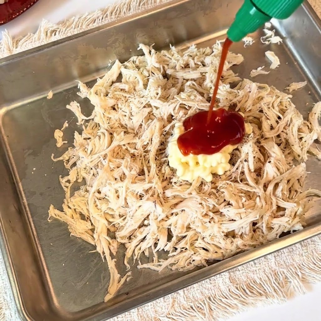 De la sauce sriracha et de la mayonnaise versées sur un lit de poulet effiloché.