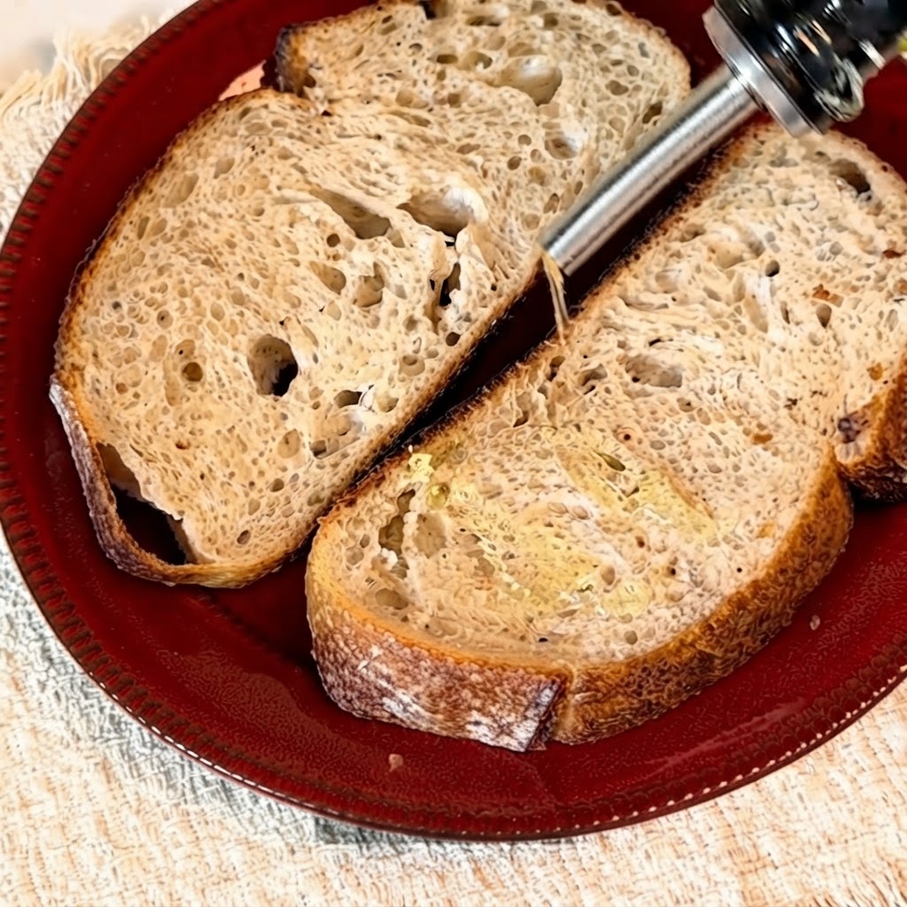 De lhuile dolive versée à partir dune bouteille sur deux tranches de pain au levain.
