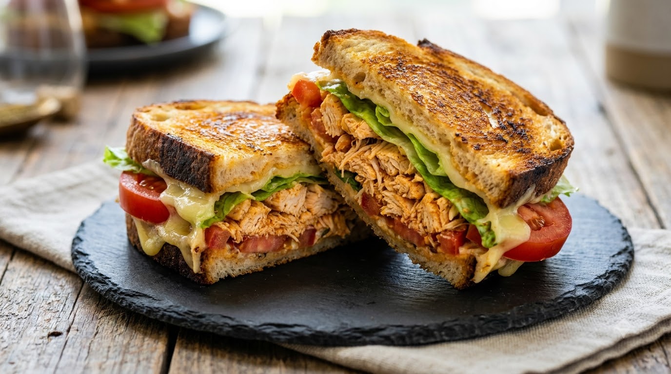 Sandwich au Poulet Effiloché Épicé et Pain au Levain