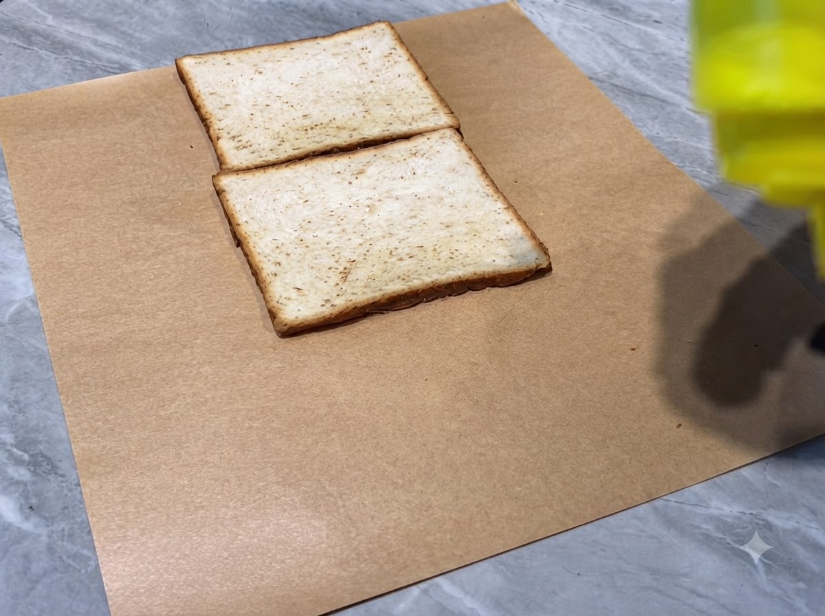 Trois tranches de pain de mie disposées côte à côte sur du papier kraft avec des filets de mayonnaise.