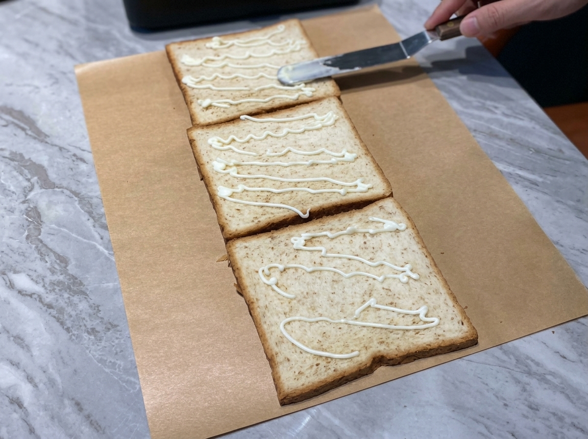 Feuilles de laitue verte fraîche disposées sur la première tranche de pain avec de la mayonnaise.