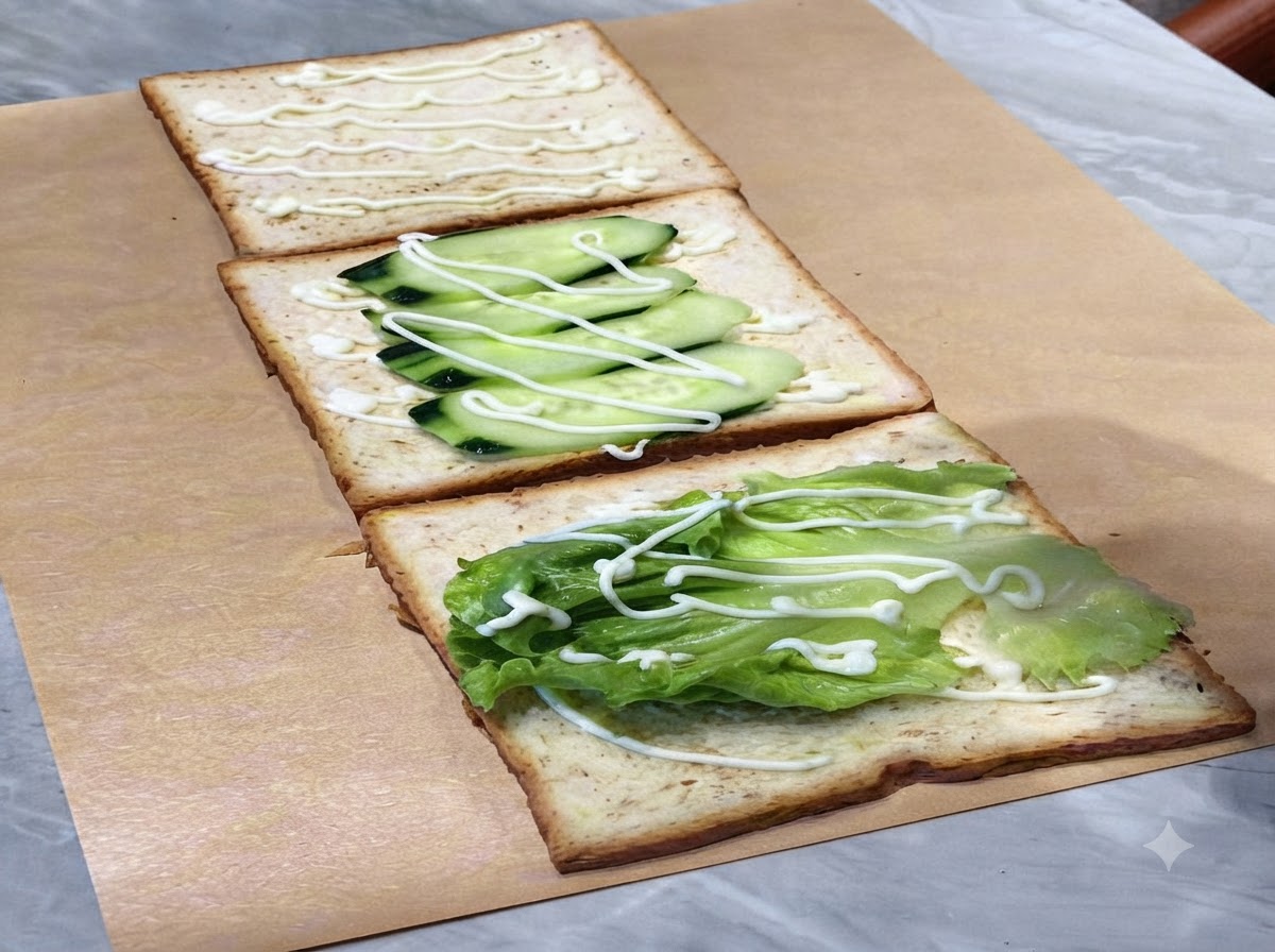 Une tranche de tomate et un œuf au plat placés sur lassemblage du sandwich, nappés de mayonnaise.