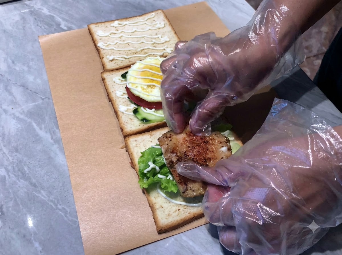 Une escalope de poulet et du chou rouge émincé ajoutés aux couches du sandwich, avec de la mayonnaise.