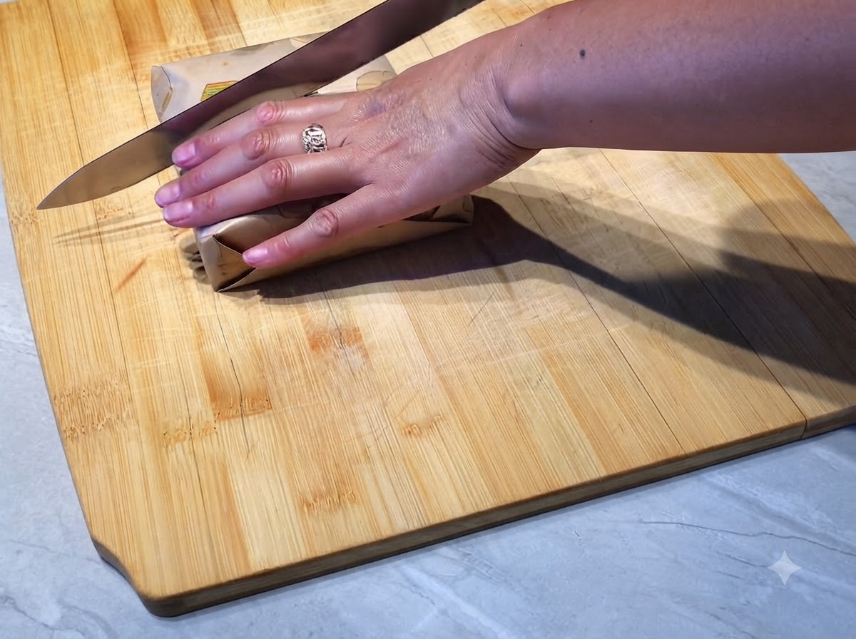 Un couteau à pain dentelé coupant en diagonale un sandwich enveloppé dans du papier sur une planche en bois.
