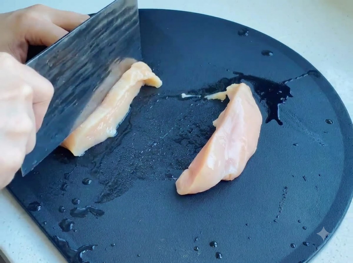 Blanc de poulet cru en cours de découpe en fines tranches avec un couperet sur une surface de coupe sombre.
