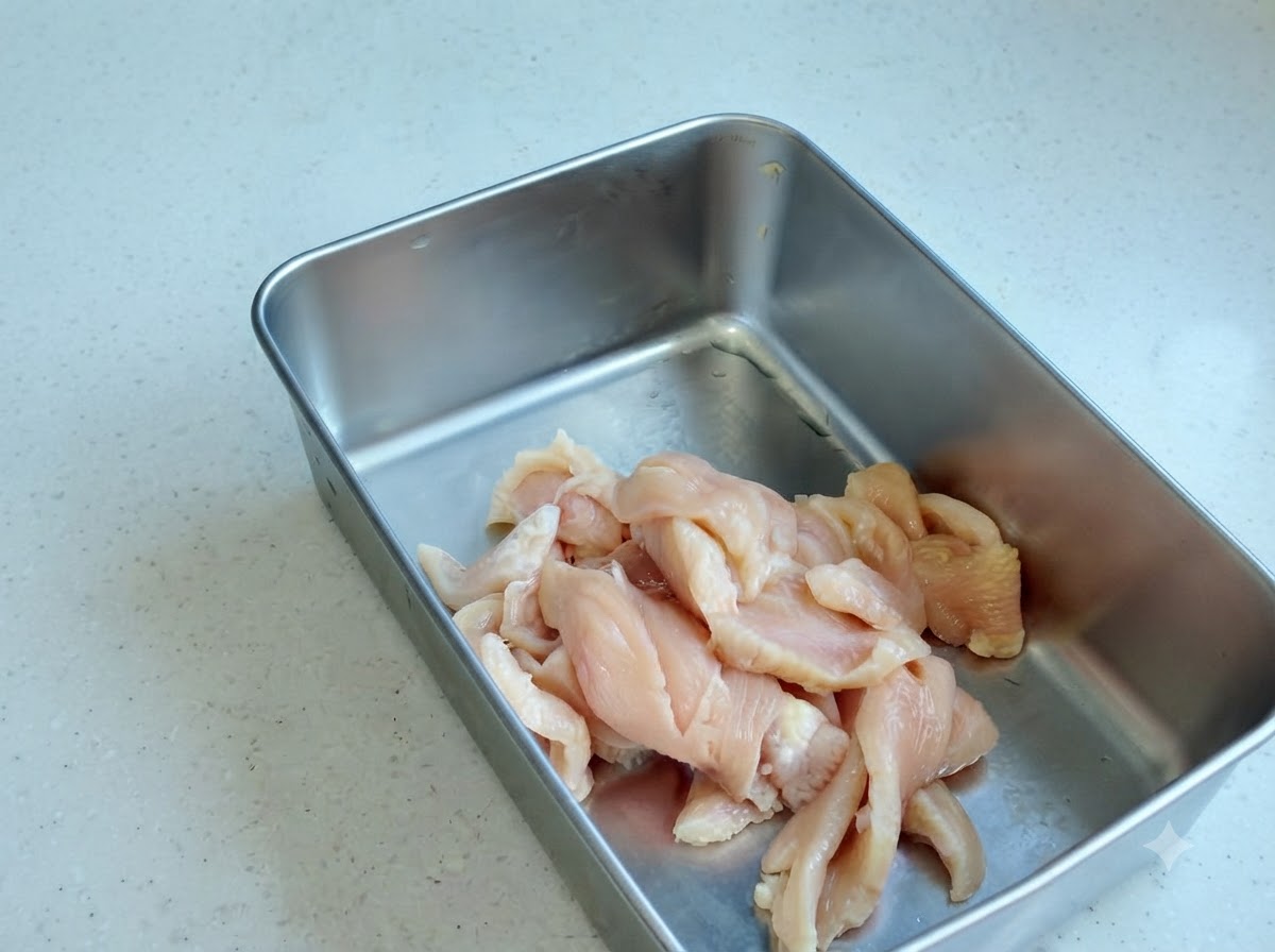Poulet tranché dans un récipient en métal avec divers condiments en poudre et sauces ajoutés.