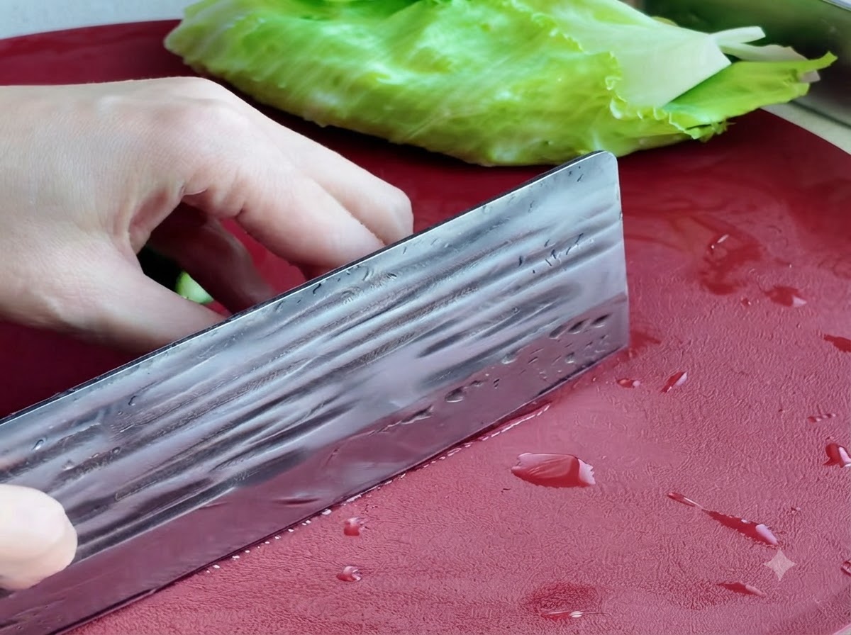 Un concombre en cours de découpe sur une planche à découper rouge avec de la laitue en arrière-plan.