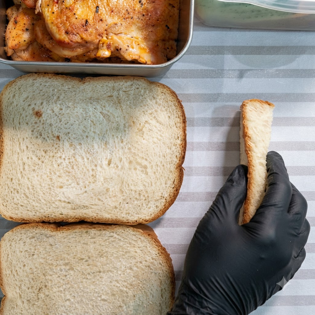 Quatre tranches de pain de mie blanc disposées en carré sur une surface rayée.