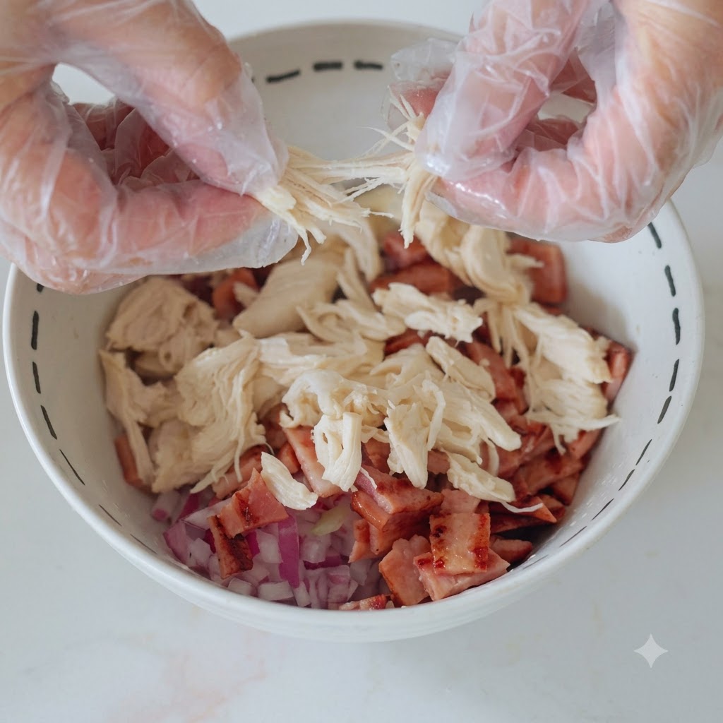 Une poitrine de poulet cuite séparée et effilochée à la main à lintérieur dun bol.